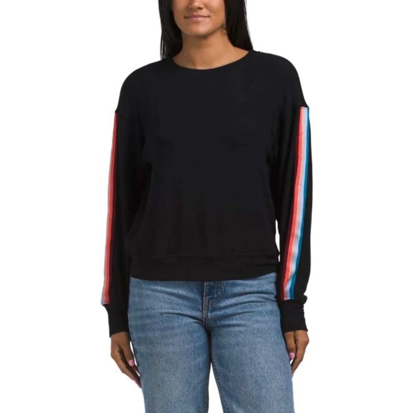 Michael Stars Black Rainbow Stripe Sleeve Crew Neck Sweatshirt Large Retro Boho